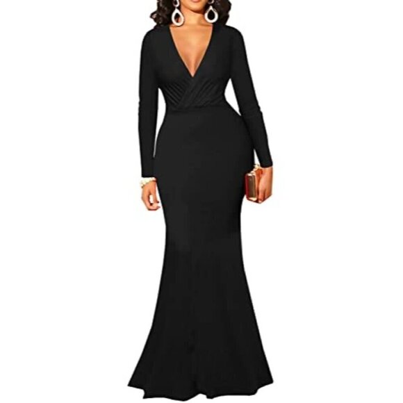 Dresses & Skirts - Yajedo Formal Dress Sexy Deep V Neck Warp Long Sleeve Party Maxi Small